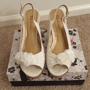 Chinese Laundry White Floral and Lace wedge sandals